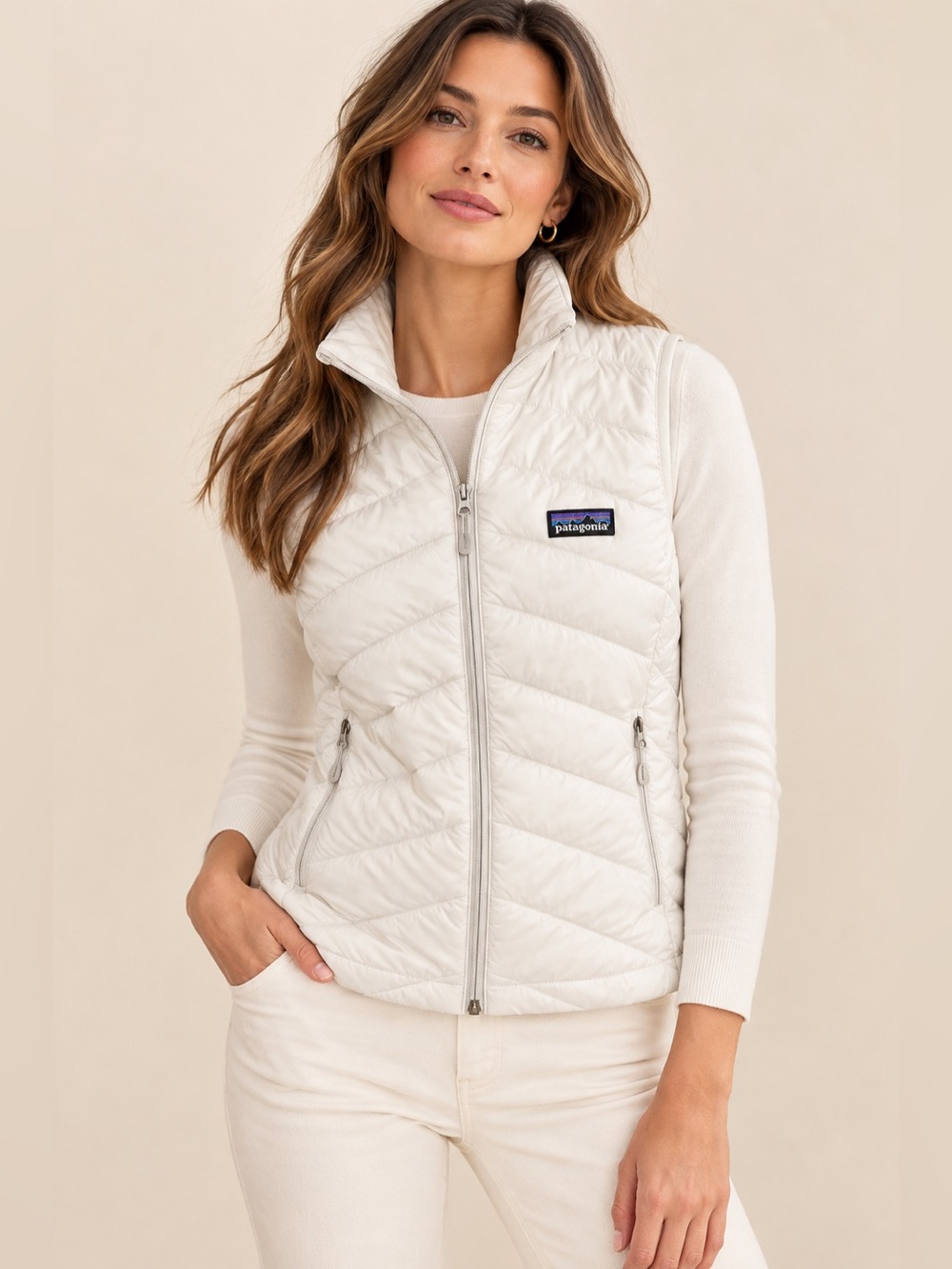 Patagonia Pearl White / Cream Goose Down Feather Puffer Full Zip Vest Small